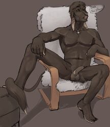 atelas balls brown chair dark fur lips looking_at_viewer male male_only mammal muscles nipples penis plain_background reclining shiny shiyu sitting skewl solo suggestive