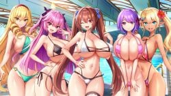 bikini huge_breasts liliera_loveknot lixual_hellmare looking_at_viewer makina_le_blanchette mei_myoudou milk_factory motto!_haramase!_honoo_no_oppai_isekai_oppai_maid_gakuen! motto!_haramase!_honoo_no_oppai_isekai_oppai_meido_gakuen! myunmyun_lafleur pool smile succubus tagme