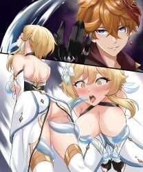 1boy 1boy1girl 1girls ass big_breasts blonde_hair blue_eyes blush bondage childe_(genshin_impact) cleavage fanon_couple female genshin_impact ginger lumine_(genshin_impact) male orange_hair restrained short_hair tartaglia_(genshin_impact) yellow_eyes