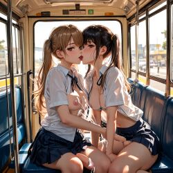 2futas ai_generated big_penis breasts bus_interior cum cum_on_breasts dickgirl futa_on_futa futanari handjob kissing masturbation nipples penis public schoolgirl sitting skirt yuri