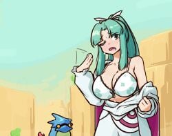 blue_eyes blue_hair bra breasts cape desert female female_only gigantic_breasts golden_sun mia_(golden_sun) ponytail sweat sweatdrop warm_lighting