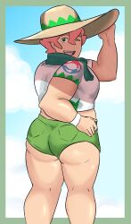 1boy ass ass_focus bara bara_tits big_ass clothed crop_top gay green_eyes male male_only milo_(pokemon) pink_hair plump pokemon pokemon_swsh short_shorts shorts solo solo_male