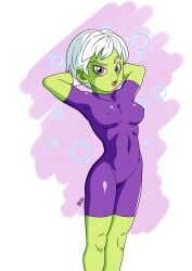 1girl 1girls armpits bodysuit breasts cheelai dragon_ball dragon_ball_super excited excited_for_sex exhibitionism female female_focus female_only female_pervert green_skin hpn03 large_breasts nipples pervert pink_eyes provocative sex_invitation sexually_suggestive short_hair solo solo_female solo_focus white_hair