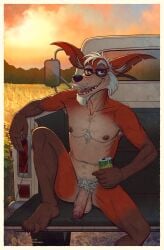 5_fingers 5_toes alcohol anthro armpit_hair athletic athletic_anthro athletic_male balls beard beer beverage beverage_can big_penis black_nose bodily_fluids body_hair border canid canine chest_hair clothing digital_media_(artwork) digital_painting_(artwork) elderly_anthro elderly_male evening eyewear eyewear_only facial_hair feet fingers foreskin fox fur genital_fluids genitals glasses glasses_only goatee guerillasquirrel hair happy heat_(temperature) hi_res humanoid_feet humanoid_genitalia humanoid_hands humanoid_penis light_truck male mammal mature_anthro mature_male moustache navel nipples nude nude_anthro nude_male outdoor_nudity outside painting_(artwork) penis pickup_truck plantigrade precum presenting presenting_penis pubes red_body red_fox red_fur redneck scenery shirt slim smile solo southern summer sunset sweat toes topwear tros_(foxmusk) truck true_fox vehicle wearing_glasses white_border white_hair