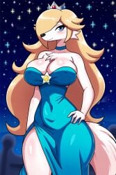 1girls ai_generated anthro blonde_hair blue_choker blue_dress blue_eyes borzoi canid canine cheek_tuft chest_tuft choker cleavage cleavage_overflow cosplay domestic_dog dress female_focus furry_female furry_focus furry_only hair_over_eye large_breasts long_hair looking_at_viewer majorfluffy mario_(series) mature_female nintendo novelai parody princess_rosalina smile solo solo_female super_mario_bros. thick_thighs tight_clothing wide_hips