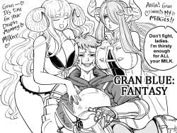 1boy 3girls absurdres anila_(granblue_fantasy) armor bb_(baalbuddy) between_breasts breast_press breast_smother breastplate breasts character_request check_character cleavage commentary cooperative_breast_smother copyright_name dark-skinned_female dark_skin draph english_commentary english_text face_to_breasts fellatio gauntlets girl_sandwich gran_(granblue_fantasy) granblue_fantasy greyscale group_sex happy harem head_between_breasts highres hood huge_breasts kumbhira_(granblue_fantasy) long_hair monochrome multiple_girls narmaya_(granblue_fantasy) oral orgy out-of-frame_censoring sandwiched single_gauntlet speech_bubble