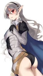 1girls absurdres armor ass bare_thighs big_ass black_gloves black_hairband black_panties blue_cape blush breastplate cape corrin_(female)_(fire_emblem) corrin_(fire_emblem) corrin_(fire_emblem)_(female) female fire_emblem fire_emblem_fates gloves grey_hair hair_between_eyes hairband highres inner_thighs juliet_sleeves long_hair long_sleeves looking_at_viewer nintendo panties pointy_ears puffy_sleeves red_eyes simple_background solo sweatdrop thighs underwear wavy_hair white_background yasaikakiage