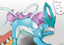 2012 anus ass blush canine claws erection female horn inviting looking_at_viewer looking_back male mane penis plain_background pokemon pokemon_(species) presenting presenting_hindquarters pussy raised_tail red_eyes smile suicune tongue tongue_out ukkappa white_background