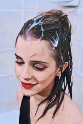 1girls ai_generated ai_reworked brown_hair bukkake celebcartoonizer celebrity closed_eyes covered_in_cum cum_on_face cum_on_hair cumshot emma_watson excessive_cum facial red_lipstick smile solo