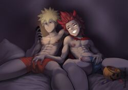 2boys blonde_hair candy eijirou_kirishima erection gay halloween handjob katsuki_bakugou looking_at_phone my_hero_academia naughty_face penis penis_grab phone red_hair seductive seductive_eyes seductive_look seductive_smile sitting yaoi yoshka