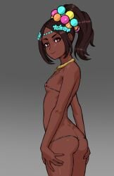 1girls alternate_costume ass back bare_arms bare_back bare_shoulders bare_thighs big_ass bikini black_background bluesalm0n breasts brown_hair dark-skinned_female dark_skin eyeshadow female female_only fire_emblem fire_emblem_engage gradient_background grey_background high_ponytail highres looking_at_viewer looking_back makeup medium_hair micro_bikini nintendo pearl_hair_ornament pink_bikini pink_eyeshadow pink_swimsuit ponytail red_eyes revealing_clothes sideboob small_breasts smile solo star-shaped_pupils star_(symbol) swimsuit symbol-shaped_pupils thighs timerra_(fire_emblem) underboob very_dark_skin