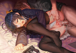 1boy 1girls ahoge alphonse_(white_datura) ass bed bed_sheet black_hair black_legwear blue_eyes bow bow_panties chuunibyou_demo_koi_ga_shitai! clitoris clothed_sex cross cum cum_in_pussy cum_inside endured_face eye_patch feet female grab grabbing gun hair_ornament hairbow handgun highres indoors labia lying male mauser_c96 moaning no_shoes on_side open_mouth panties panties_aside penis photoshop pistol pussy pussy_juice saliva school_uniform sex sheet_grab short_hair side_ponytail skindentation skirt spoon_position spooning spread_legs spread_pussy straight sweat takanashi_rikka tear testicles thigh_grab thighhighs thighs togashi_yuuta tongue tongue_out uncensored underwear vagina vaginal_penetration weapon white_panties