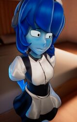 1girls 3d 3d_(artwork) alien alien_girl alien_humanoid bangs blue_hair blue_skin cartoon_network female humanoid lapis_lazuli_(gem) lapis_lazuli_(steven_universe) maid maid_headdress maid_outfit maid_uniform medium_hair shy solo steven_universe straight_hair woodenplatypus