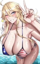 american_flag_bikini american_flag_print bikini blonde_hair breasts female female_only flag_print highres huge_breasts iowa_(kantai_collection) kantai_collection kome_cola one_eye_closed print_bikini solo_female star swimsuit v wet wink