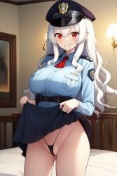 1girls ai_generated alufliniy bed bedroom busty cosplay erispheria female_focus hair_ornament hips hispanic_virtual_youtuber legs_together looking_at_viewer panties police police_hat police_uniform policewoman red_eyes skirt skirt_up smile thong_bikini twitch virtual_youtuber vtuber white_hair youtube youtube_hispanic