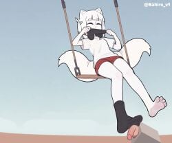 6ahiru ai_assisted animated animation balls black_socks cbt clothed_female cock_and_balls_torture erection feet feet_up fei_ren_zai fei_ren_zai_(non_human) female femdom foot_fetish foot_focus footjob fox_ears fox_girl fox_tail happy holding_phone ignoring jiuyue kicking loop looping_animation no_penetration penis penis_out sitting smell smelling socks swing tagme video white_hair