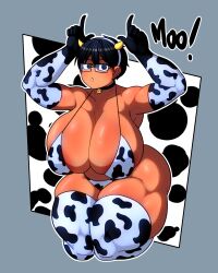 1girls big_breasts bikini cow_horns cow_print cow_print_bikini dark-skinned_female dark_skin female glasses huge_breasts large_breasts lingerie naufranzz nia_(naufranzz) original short_hair solo thick_thighs