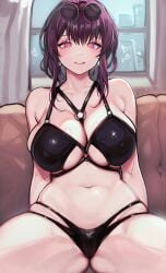 1girls belly belly_button big_breasts blush breasts dark_skin female female_focus female_only glasses glasses_on_head heart honkai:_star_rail kafka_(honkai:_star_rail) latex legs_apart looking_at_viewer pink_eyes pink_hair pussy_bulge revealing_clothes solo solo_female solo_focus swimsuit thick thick_thighs thighs uglysaya