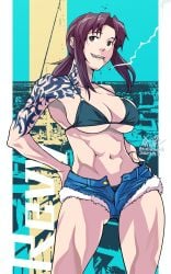 athletic athletic_female black_lagoon breasts brown_hair busty female female_focus female_only fit fit_female hourglass_figure large_breasts long_hair mimiyama_kiichi pinup pinup_pose ponytail revy tagme tattoo wide_hips