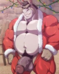 anthro asinus balls clothing costume donkey equid equine funeral-paws genitals hi_res humanoid_genitalia humanoid_penis male mammal musclegut muscular pecs penis santa_costume solo vein veiny_penis