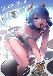 ass bovid cow_ears cow_horns cow_tail femboy fully_clothed horns hotpants jean_shorts male short_shorts shorts tank_top tohtotou