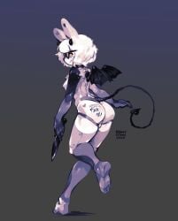 2025 anthro bestfriendforever besty_(character) body_writing breasts chest_tuft demon eyewear futanari glasses gradient_background heart_symbol hi_res horn intersex knife lagomorph leporid machine mammal membrane_(anatomy) membranous_wings nonbinary_(lore) rabbit rear_view robot simple_background solo spade_tail tail tuft wings yellow_eyes