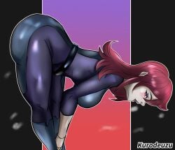 1girls ass ass_focus ass_up catsuit female female_only kurodeuzu little_witch_academia long_hair looking_at_viewer opresenting_hindquarters red_eyes red_hair shiny_chariot skin_tight spread_legs ursula_callistis witch_hat