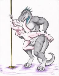 albino anthro balls blue_eyes bodily_fluids breasts carcharodontosaurid carcharodontosaurus claws closed_eyes cyrrus_(bahumot) digital_media_(artwork) dinosaur duo erection feet female female_penetrated genital_fluids genitals grey_body hi_res kissing kobold lizard lizard_tail male male/female male_penetrating male_penetrating_female nipples nude nude_anthro nude_female nude_male open_mouth penetration penile penis pink_body pole prehistoric_species reptile scales scalie sex shannon_(bahumot) sharp_teeth shawnthegirl signature simple_background tail teeth theropod vaginal_penetration vulva