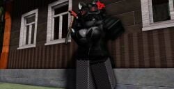 1girls 3d anoddtoaster axe black_hair bra breasts female female_focus female_only fire_axe fishnets goggles_on_head grey_skin jacket_open outdoors roblox roblox_avatar roblox_studio robloxian self_upload solo_female standing tagme wolf_ears wolf_girl wolf_tail