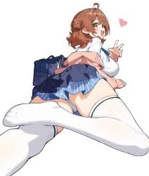 absurdres ahoge ass blue_overskirt blue_ribbon blue_skirt blush breasts brown_eyes brown_hair cardigan female from_behind gakuen_idolmaster hanami_ume hand_up hatsuboshi_gakuen_school_uniform highres idolmaster large_breasts long_sleeves looking_at_viewer looking_back lying neck_ribbon no_shoes on_stomach open_cardigan open_clothes open_mouth panties pleated_skirt ribbon school_uniform shirt short_hair simple_background skirt smile solo tamago_(eva1314056) teeth thick_thighs thighhighs thighs underwear upper_teeth_only white_background white_panties white_shirt white_thighhighs