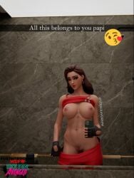 abs areolae blue_eyes breasts brown_hair earrings female fingerless_gloves gloves gun large_breasts long_hair navel nipples no_panties pants_pull pubic_hair pussy realistic shirt_lift solo toned web_address