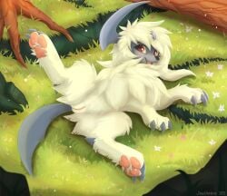 absol absurd_res arm_tuft big_claws cheek_tuft claws elbow_tuft facial_tuft female feral flower fluffy fluffy_butt fluffy_chest fluffy_hair fluffy_tail forehead_gem fur gem generation_3_pokemon genitals grass hair hi_res horn jewelry joeumbre long_hair lying nintendo on_back open_mouth open_smile pawpads pink_vulva plant pokemon pokemon_(species) presenting presenting_vulva red_eyes rock rose_(flower) sharp_tail smile solo tail tongue tree tuft vulva white_body white_fur