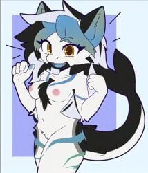 adorable anthro breasts dolphin_tail furry furry_female golden_eyes looking_at_viewer mandoy1o1 multicolored_body multicolored_fur nipples original_character pussy smiling_at_viewer