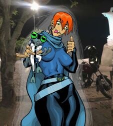 :p ben_10 breasts cape child_bearing_hips earrings female future_gwen future_gwen_(ben_10,000) grey_matter hand_sign havanxes medium_breasts orange_hair thick_thighs tight_clothing