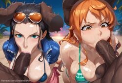 2girls ai_generated beach bikini busty cheating commission dark-skinned_male deepthroat duo fellatio forced forced_oral gangbang huge_breasts huge_cock huge_testicles interracial multiple_boys nami_(one_piece) netorare nico_robin one_piece patreon patreon_url patreon_username public rape sinderellaart thick voluptuous