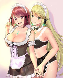 2girls apron bangs bare_shoulders blonde_hair blush breasts cleavage earrings eyebrows_visible_through_hair gem glowing hair_ornament headdress headpiece jewelry large_breasts long_hair looking_at_viewer maid maid_apron maid_headdress multiple_girls mythra nintendo ooshima_aki open_mouth panties pyra red_eyes red_hair see-through short_hair smile standing swept_bangs underwear very_long_hair xenoblade_(series) xenoblade_chronicles_2 yellow_eyes