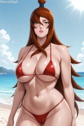 1girls ai_generated big_ass bikini breasts brown_hair cameltoe curvy curvy_female female female female_only green_eyes long_hair looking_at_viewer mature_female mei_terumi micro_bikini naruto naruto_(series) navel patreon red_bikini salupai solo solo_female standing stomach thick_thighs uncensored watermark