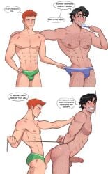 2boys anal anal_sex arsenal_(dc) ass ass_focus batman_(series) big_ass big_ass_(male) big_butt big_butt_(male) black_hair bondage brown_skinned_male bulge dc dc_comics dick_grayson digital_media_(artwork) gay gay_male gay_sex green_arrow_(series) hairy_chest icarus_the_moon instant_loss instant_loss_2koma justice_league light-skinned_male looking_at_another looking_at_partner male male/male male_only muscular muscular_male nightwing penis pulling_panties red_hair roy_harper yaoi