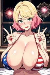 ai_generated american_flag american_flag_bikini angels_of_death bedroom big_breasts bikini blonde_hair catherine_ward fireworks green_eyes huge_breasts looking_at_viewer massive_breasts night pink_hair satsuriku_no_tenshi two_tone_hair v_sign