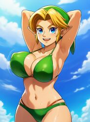1girls ai_generated armpits bikini blonde_hair breasts genderswap_(mtf) green_bikini large_breasts link nintendo rule_63 smile the_legend_of_zelda