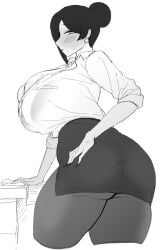 1girls big_ass big_breasts bijin_onna_joushi_takizawa-san blush efto_(pixiv) female hair_bun huge_ass huge_breasts leggings skirt takizawa_kyouko tight_clothing wide_hips