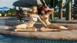 2girls 3d 3d_render barefoot beach beach_umbrella bikini bikini_top_lift blonde_hair blue_eyes breasts clothing day dead_or_alive deluwyrn feet female female_only flower frilled_bikini grabbing grabbing_another's_breast green_eyes horns kanna_(dead_or_alive) long_hair looking_at_viewer marie_rose multiple_girls nail_polish navel nipples outdoors pool poolside red_bikini red_hair red_nails sitting small_breasts smile swimsuit toenail_polish toenails toes tongue tongue_out twintails umbrella v v_over_eye water white_bikini