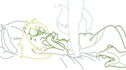 2019 anthro bed blonde_hair blush bodily_fluids breasts caimon canid canine covering covering_mouth crocodilian duo female fox foxton furniture green_body hair looking_at_another looking_up_at_another looking_up_at_partner lying male male/female mammal monstro_village nervous nipples nude on_back on_bed pillow reptile roommates:motha scalie simple_background standing straddling sweat sweatdrop teasing_with_tail the_weaver white_background white_body