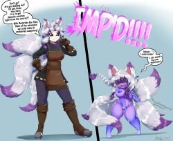 4_tails absurd_res animal_humanoid before_and_after blindfold braided_hair breasts canid canid_humanoid canine canine_humanoid corruption dialogue digital_media_(artwork) english_text fangs female fox fox_ears fox_humanoid grey_hair hair hammer hi_res holding_hammer holding_object holding_tool humanoid imp little_b0t mammal mammal_humanoid masturbation multi_tail nipples nude pussy short_stack short_stackification shrinking size_transformation smile solo species_transformation tail teeth text tools transformation vaginal_masturbation vaginal_penetration white_hair