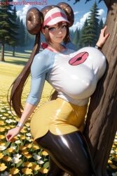 ai ai_generated big_ass big_breasts black_pantyhose blue_eyes brown_hair erect_nipples flower flower_field forest huge_ass huge_breasts leaning_against_tree nipples_visible_through_clothing pantyhose pokemon pokemon_bw2 reenka25 rosa_(pokemon) shirt shorts thick_thighs thighs tree yellow_shorts
