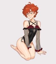 1boy 2d 2d_(artwork) bare_feet curly_hair feet femboy freckles green_eyes hi_res kneeling kyle_broflovski lingerie male posing redhead simple_background solo south_park white_background