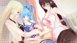 100_kanojo 1boy 3d 3girls aged_up aged_up_character aged_up_female aijou_rentarou arms_around_partner arms_around_waist bedroom blonde_hair blue_hair brown_hair canon_age_up canon_couple canon_polyamory censored collaborative_handjob cousins dei_matsuri foursome futate_eru group_handjob handjob iin_chiyo incest kimi_no_koto_ga_dai_dai_dai_dai_daisuki_na_100-nin_no_kanojo large_breasts large_penis long_hair mfff_foursome mosaic_censoring multiple_girls naked_apron triple_handjob tsumi45 twintails