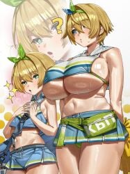 +_+ 2girls :o ? absurdres age_comparison bare_shoulders blonde_hair blue_eyes blush breast_awe breasts cheerleader closed_mouth clothes_writing commentary_request cowboy_shot crop_top cuffs drooling dual_persona feipin_zhanshi female flat_chest girls'_frontline girls'_frontline_2:_exilium green_panties hand_on_own_chest handcuffs highres holding holding_handcuffs holding_pom_poms huge_breasts looking_at_breasts looking_at_viewer microskirt mole mole_under_eye multiple_girls navel nikketa_(girls'_frontline_2) official_alternate_costume panties plump pom_pom_(cheerleading) russian_text short_hair skirt sparkle sparkling_aura stomach sweat thick_thighs thighs underboob underwear vsk-94_(dance_like_the_blazing_sun)_(girls'_frontline) vsk-94_(girls'_frontline) zoom_layerdrooling