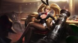 animal_ears bar blonde_hair blue_eyes blurry bow bowtie breasts bunny_ears bunnysuit cleavage crossed_legs fake_animal_ears female fishnet_legwear fishnets high_heels large_breasts long_hair nipples pantyhose sitting twintails very_long_hair