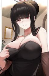 1girls absurdres adjusting_dress bare_shoulders big_breasts black_dress black_hair blue_archive blunt_bangs braid breasts bright_pupils bun_with_braided_base cleavage commentary dress female grin hair_bun halo highres indoors jewelry large_breasts long_hair looking_at_viewer necklace official_alternate_costume official_alternate_hairstyle red_eyes ringed_eyes rio_(blue_archive) rio_(dress)_(blue_archive) short_hair_with_long_locks single_hair_bun smile solo strapless strapless_dress white_pupils zeragoes